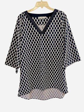 Retro Threads Geometric Hi-Low Tunic – Blue & White – XL